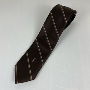 YSL Yves Saint Laurent Brown Stripe Tie with Embroidered Logo